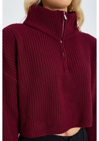 Mixray 6752 Kadın Crop Fermuarlı Kazak Bordo