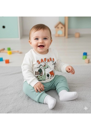 Erkek Bebek Safari Baskılı Alt Üst İkili Gündelik Takım Yeşil
