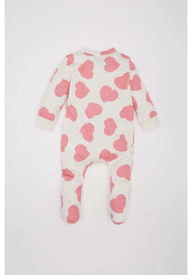 DeFacto Kız Bebek Yenidoğan Kalp Desenli Penye Uzun Kollu Çıtçıtlı Tulum E6046A5NSER233 Ekru