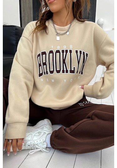 Modagen Kadın Kahverengi Bej Brooklyn Baskı Oversize Bisiklet Yaka Alt Üst Eşofman Takımı Kahverengibej