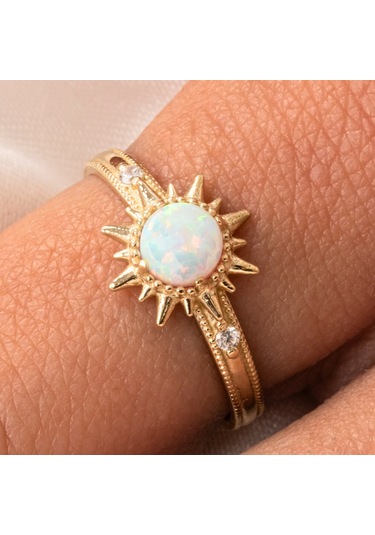 Gümüş Yüzük - Oval Kesim Opal Taşlı Güneş Tasarım 925 Ayar Gümüş Yüzük Sarı
