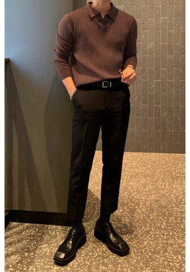 Cool Tarz Erkek Polo Yaka Triko Kazak Slim Fit Fitilli Kahverengi