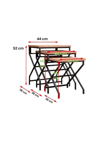 3 Lü Zigon Sehpa Metal Ayaklı Çam Ahşap Kare Misafir Sehpası