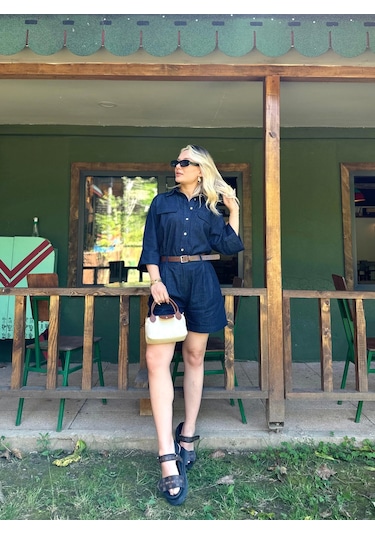 Keymoda Kadın Denim Gömlek Şort Takım Lacivert Lacivert