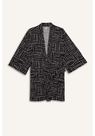 Defacto Regular Fit Desenli Kuşaklı Pamuklu Kimono-fall İn Love D0453ax25spbk27 Siyah