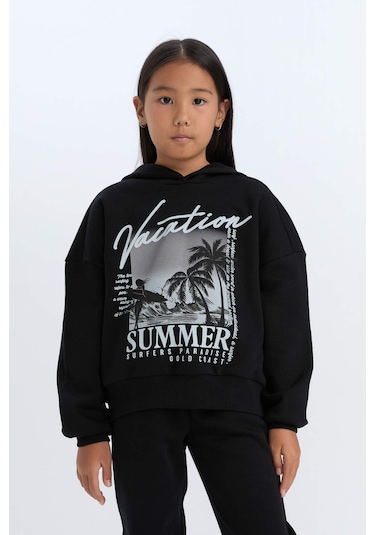DeFacto Kız Çocuk 2'li Takım Kapüşonlu Baskılı Sweatshirt Beli Lastikli Jogger Alt D2219A824WNBK81 Siyah
