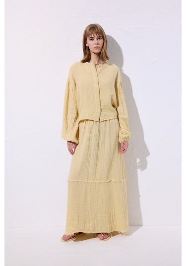 Müslin Katlı Geniş Etek Sarı Sarı