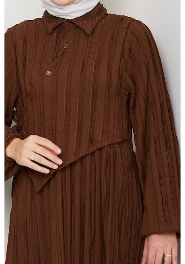 Çapraz Bağlamalı Bürümcük Elbise 1617 - Kahve Kahve