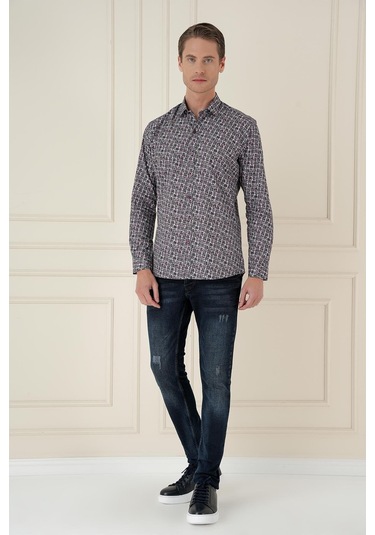 Slim Fit Baskılı %100 Pamuk Spor Gri Gömlek G 1586 Gri