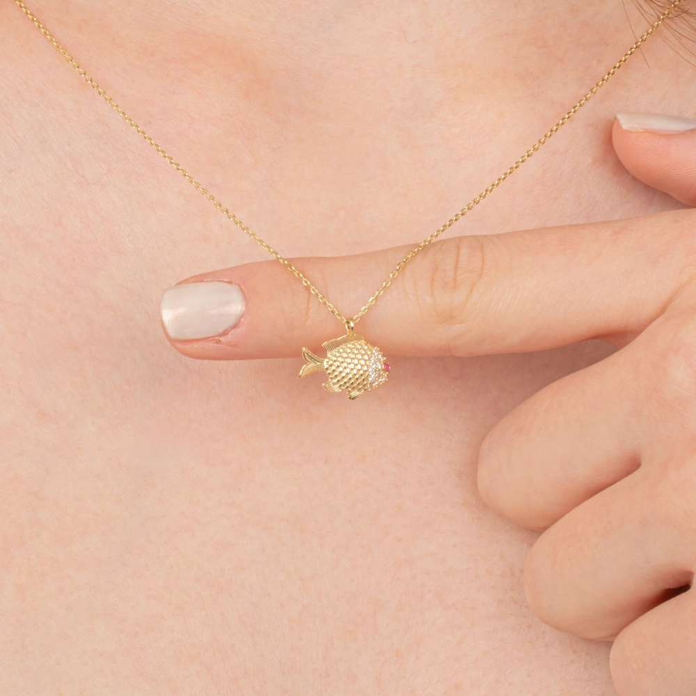 Gümüş Kolye - Taşlı Balık 925 Ayar Gümüş Kolye Sarı