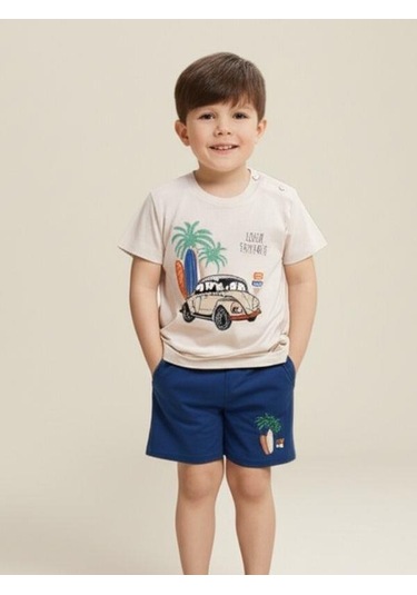 Erkek Bebek Pamuklu Araba Baskılı Şortlu Takım-15827 Bej