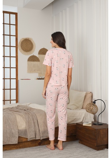 Kadın Yazlık Kısa Kol Penye Süprem Kumaş Pijama Takımı Pudra