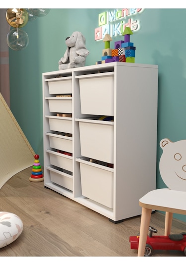 Beyza 9 Sepetli Çok Amaçlı Dolap Oyuncak Dolabı Beyaz Beyaz