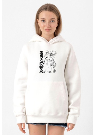Rurouni Kenshin Black White Art Beyaz Kadın 3ip Kapşonlu Sweatshirt 001