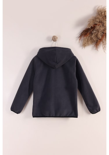 Monox Lastik Manşetli Fermuarlı Kapüşonlu Çocuk Unisex Polar Ceket Füme