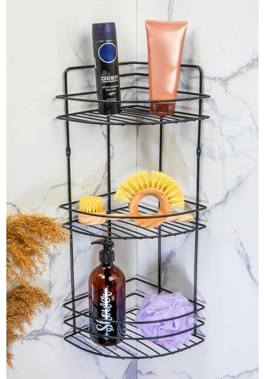 Banyo Köşe Rafı 3 Katlı Siyah Şampuanlık Hem Vidalı Hem Yapışkan Stickerlı Siyah Çok Renkli