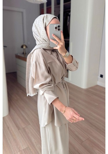Ka Hijab Bağcıklı Bluz Pantolon Takım - Bej