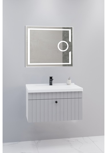 Alice 80 Cm Banyo Dolabı Kiev Led Aynalı Gri - Boy Dolap Hariç Gri