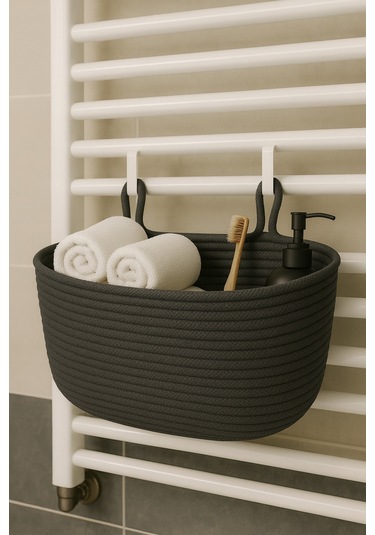 Dekoratif Askılı Banyo Sepeti 18 40 16 Cm Saklama Ve Düzenleyici Hasır Jüt Sepet Organizer El İşi Antrasit