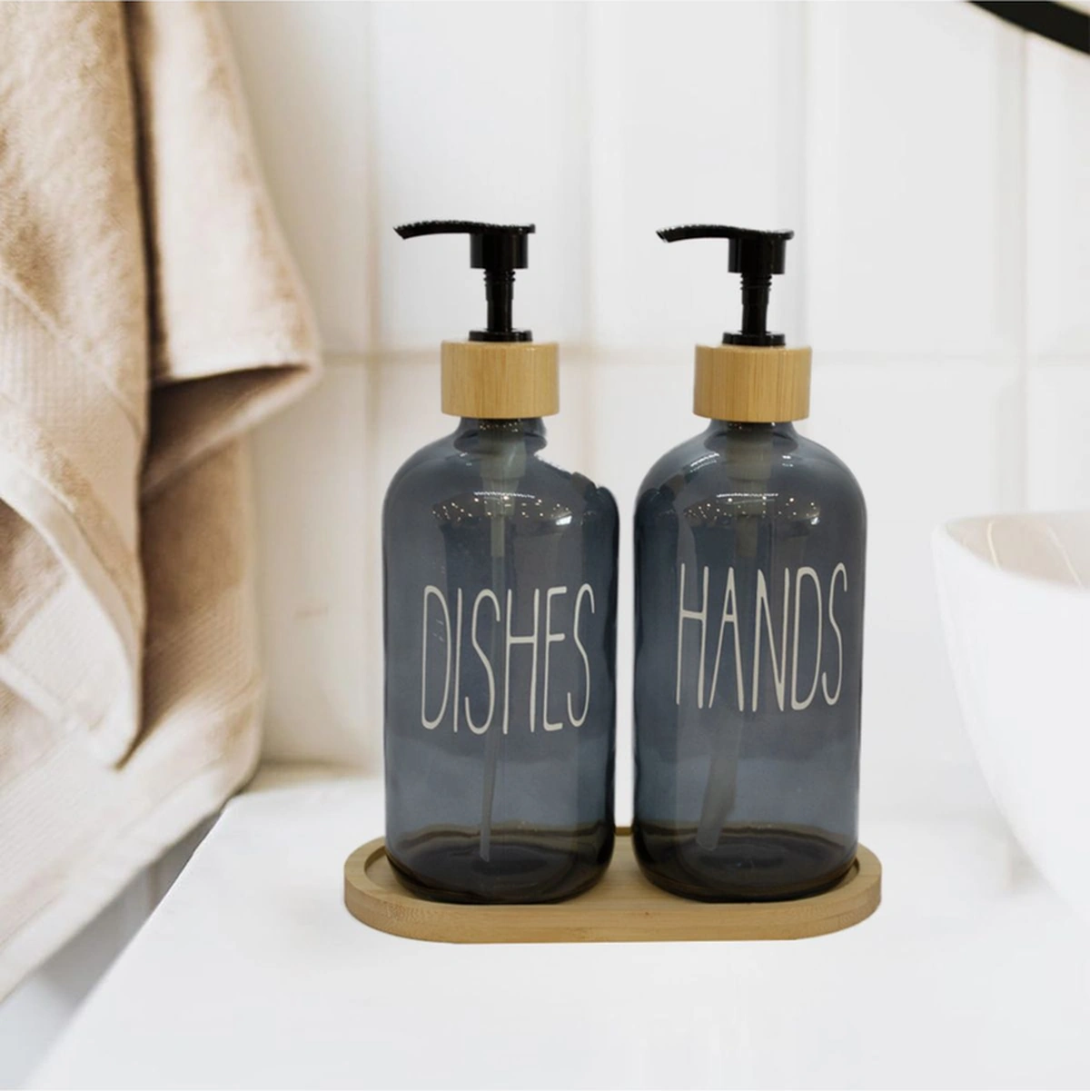 2 Li Füme Mutfak Sıvı Sabunluk Seti Hands&dishes Bambu Tepsili Gri