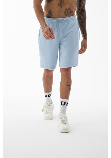 Erkek Açık Mavi Yüksek Kalite Relax-fit Rahat Kesim %100 Pamuk Bağcıklı Siyah Düz Basic Şort Açık Mavi