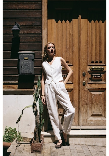 Sateen Salaş Keten Pantolon - Ekru-136267 Ekru