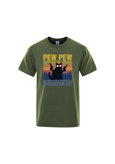 Teekossc Pew Pew Madafakas Erkek Kısa Kollu Komik Kedi T-shirt Vintage Yazlık Ekip Üstü Streetwear Chınagri Gri