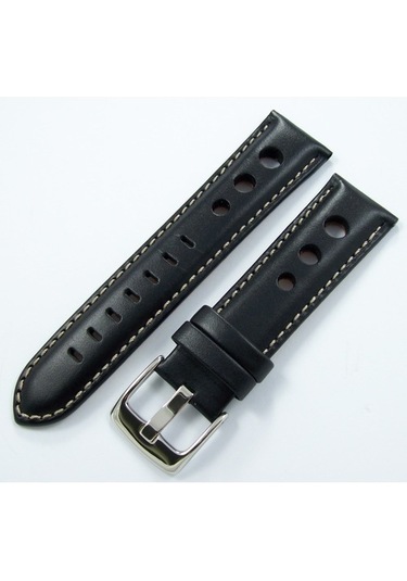 Bizon Siyah Deri Saat Kordonu 24Mm Beyaz Dikişli Delikli Kayışı S