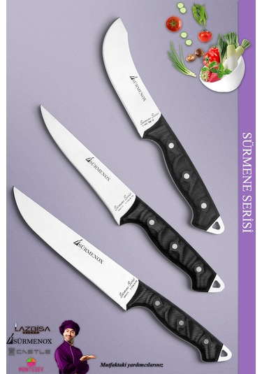 Sürmene Serisi Mutfak Bıçak Seti Et Ekmek Sebze Salata Bıçağı 3 Lü Set Siyah Mft-132 Siyah