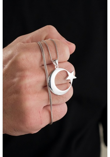 32 Mm Gümüş Ay Yıldız Bayrak Erkek Kolye Gümüş