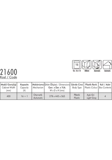 Pelikan 21600 Raylı Plastik Çöp Kovası 16 + 1 LT Gri
