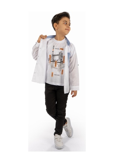 Çift Cepli Gömlek , Pantolon , T-shirt 3parça Pamuklu Erkek Çocuk Takım Mnk965 Beyaz