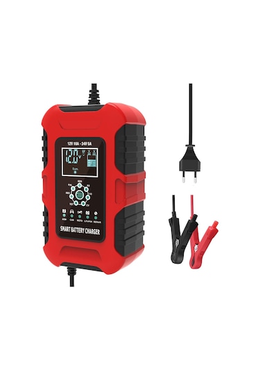 Foxsur Araba 12V 10A 24V 5A Otomatik  AGM LIFEPO4 Akü Şarj Cihazı Kırmızı