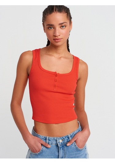 Dilvin 20983 Düğmeli Kare Yaka Top-Koyu Kırmızı