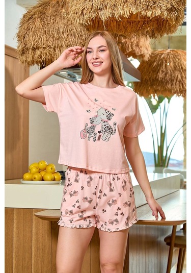 Aqua 25503 Kadın Baskı Detay Kısa Kol Pijama Şort Takım Pudra