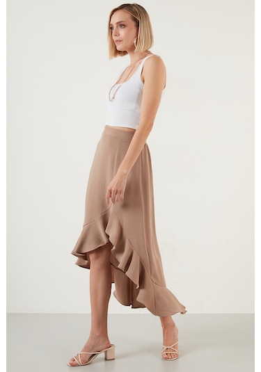 Lela Volanlı Midi Boy Yırtmaçlı Bayan Etek 6058387 Vizon