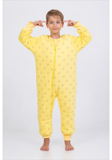 Kız Erkek Çocuk Kalın Elyaf Dolgulu Premium Kalite 2.5 Tog Desenli Uyku Tulumu Sarı - Siyah