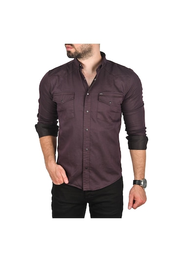 Deepsea Erkek Mürdüm Slim Fit Pamuklu Cepli Kot Gömlek Çıtçıtlı Uzun Kollu Spor Gömlek 2502503 Mürdüm
