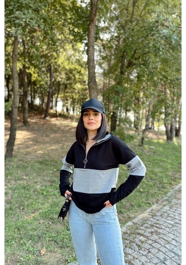 WeShaya Kadın Siyah Uzun Kol, Dik Yaka, Fermuarlı, Double Color Block Basic Sweatshirt Bluz Siyah