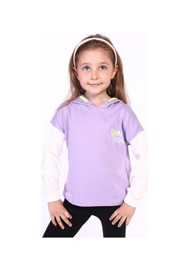 Toontoy Kız Çocuk Kapüşonlu Blok Renkli Sweatshirt Lila