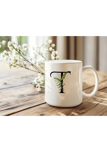 T Harf Zarif Yaprak Desenli Kupa Bardak - Naturel Sade Alfabe Harfli Bardak - Kişiye Özel Hediye Beyaz