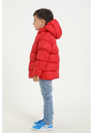 Erkek Çocuk Kırmızı İçi Polarlı Kapüşonlu Su Geçirmez Rüzgara Dayanıklı Cepli Şişme Kışlık Mont Kırmızı
