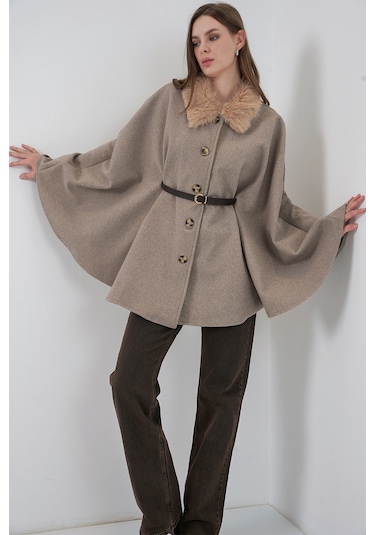 Kadın Kemerli Kaşe Panço 9165 - Taş Taş