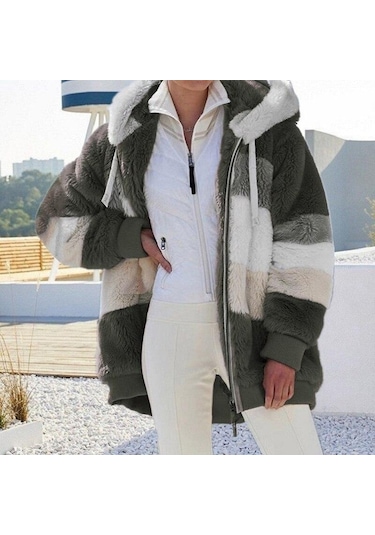 Kış Kadın Moda Kapşonlu Sıcak Gevşek Ceket Kadınlar İçin Patchwork Giyim Fermuar Bayanlar Artı Boyutu Kazak Asker Yeşili Haki