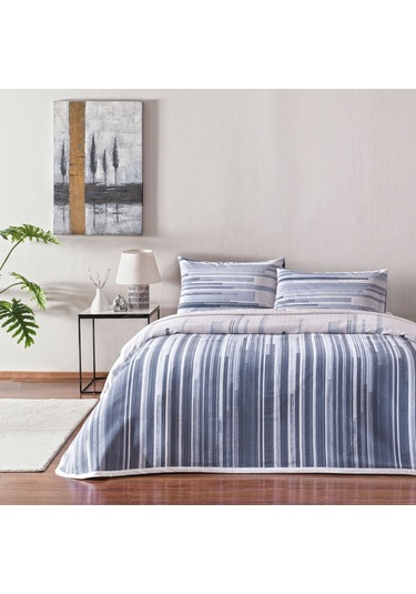 Taç Baskılı Grid Çift Kişilik Pike Takımı Mavi 000000001000049790 Mavi