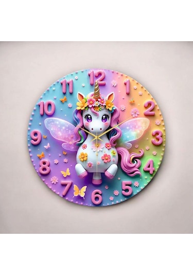 Minik Unicorn Renkli Baskı Tek Boynuzlu At Desenli Sayılı Hediyelik Ahşap Sessiz Duvar Saati 50cm ÇOk Renkli