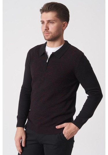 White Stone Porto Alegre 2024-32 Slim Fit Fermuarlı Pamuklu Venezia Triko Siyah-bordo Siyah/bordo Siyah - Bordo