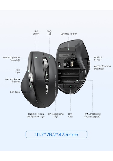 Ugreen Ergonomik 5000 Dpı Sessiz Kablosuz Wireless Mouse, Siyah , 45792 Bluetooth 54
