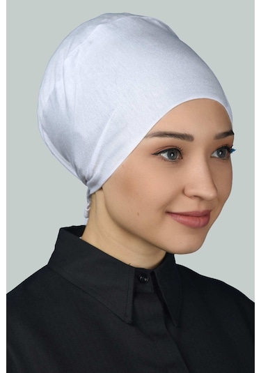 Altobeh Kadın Pratik Dikişsiz Bağcıklı Kaymayan Tesettür Penye Bone - Beyaz