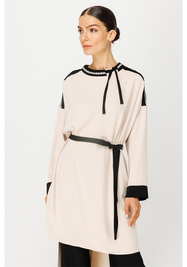 Yakası Taş İşleme Detaylı Kuşaklı Tunik Pantolon Takım Taş-taş Taş